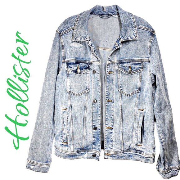 HOLLISTER MEN’s EPIC FLEX DISTRESSED BLUE DENIM JACKET, SIZE LARGE - Picture 1 of 8